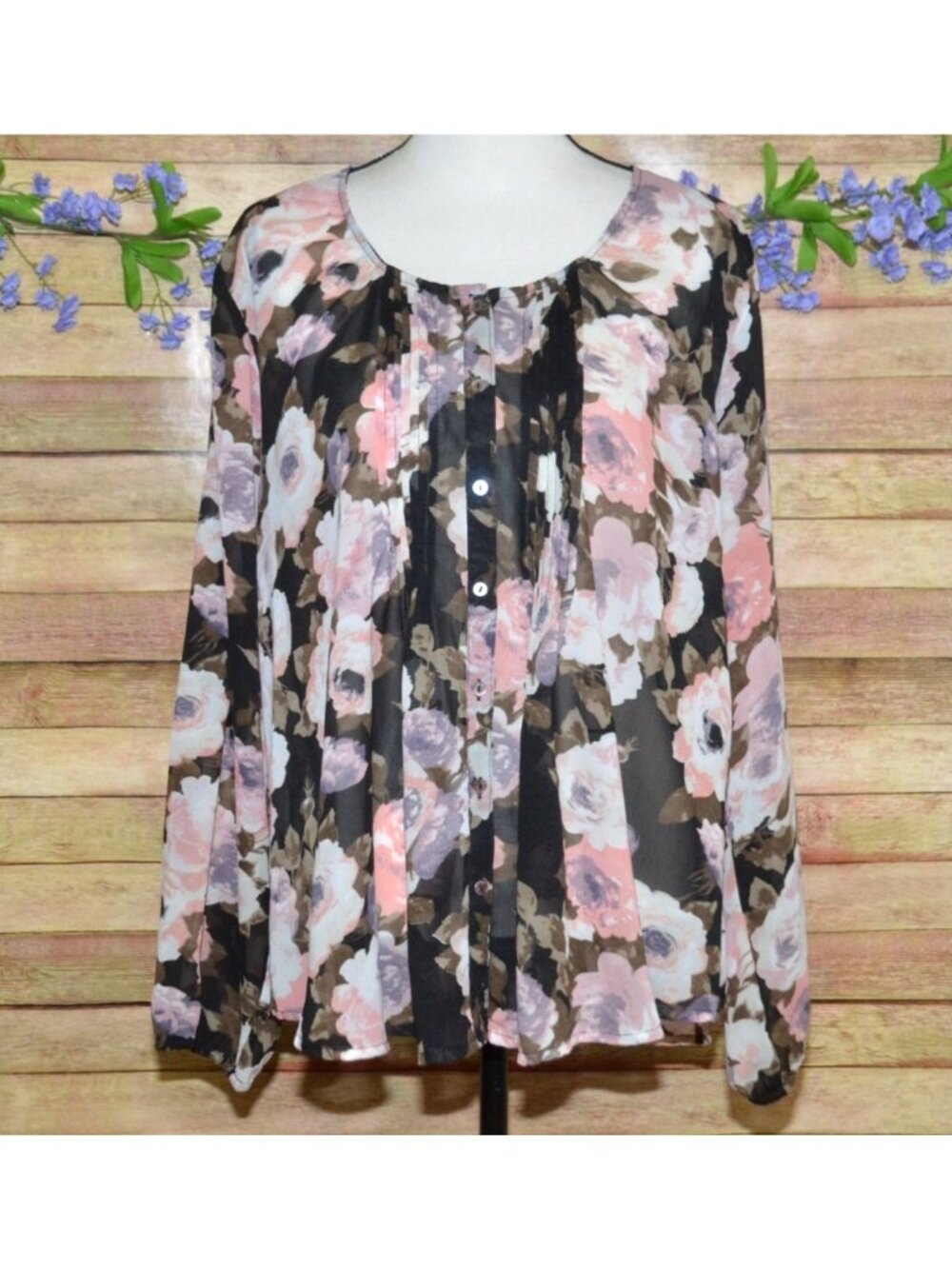 North Style Shabby Chic Black Sheer Floral Button Up Pleated Blouse Plus Size 1X